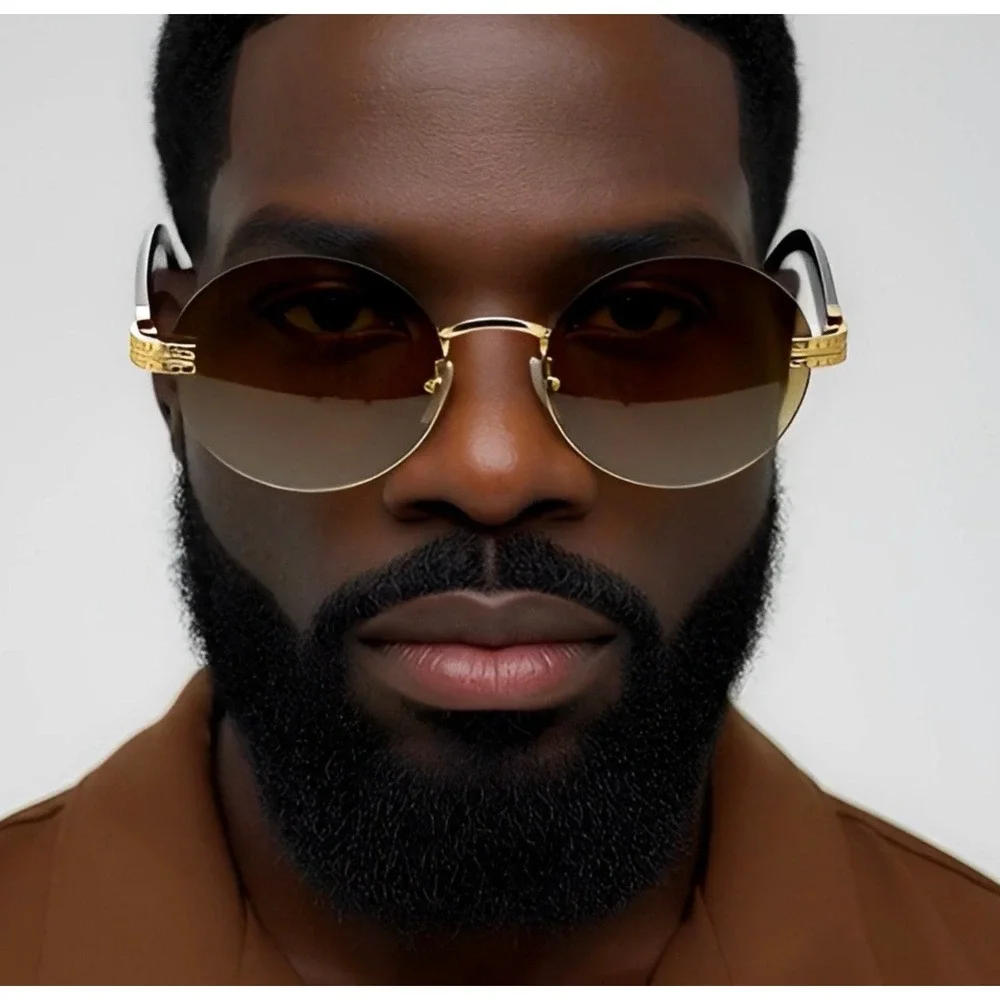 Rimless Sunglasses Men Round Gold Accents Brown Lens Wood Grain Arms Fashion New